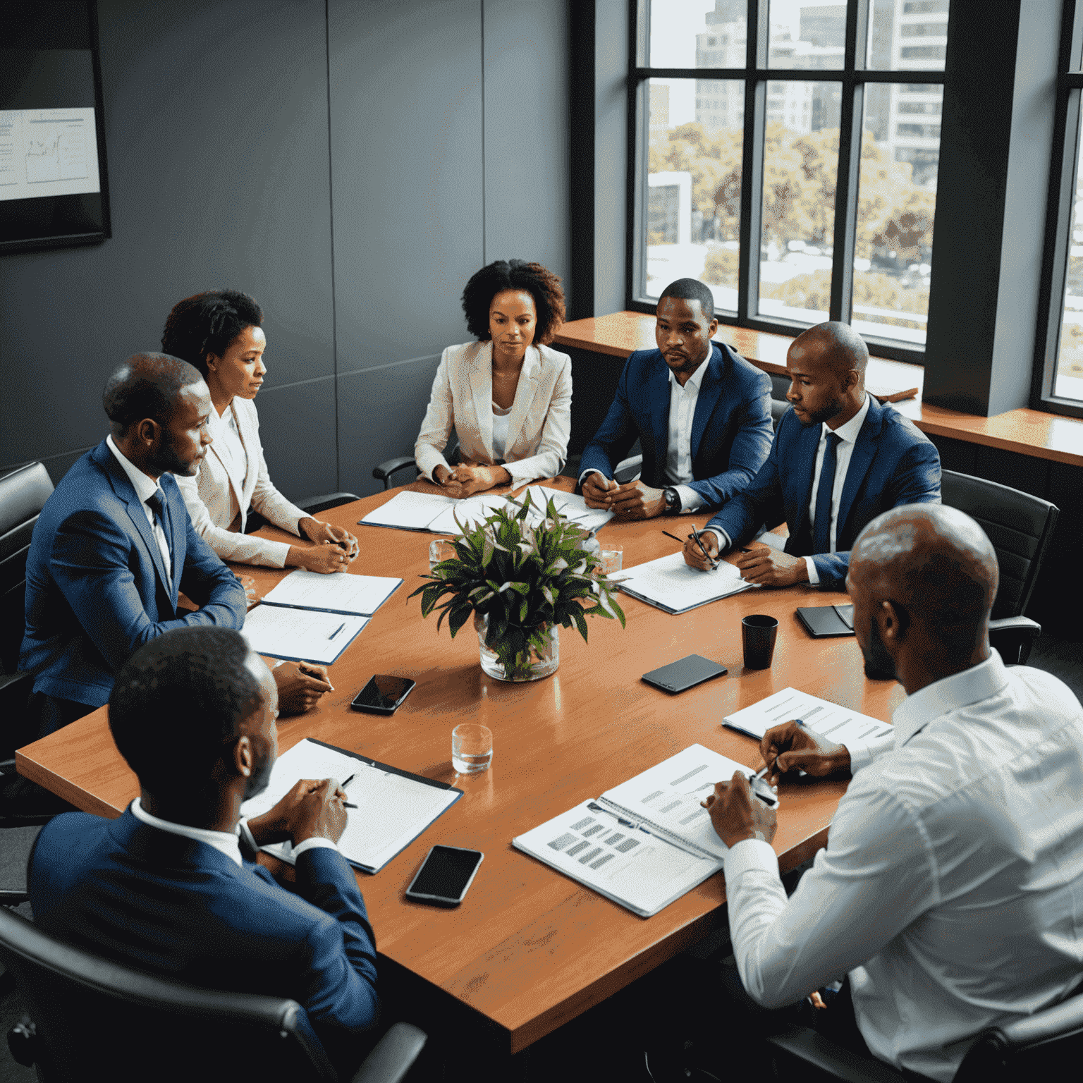 A team of business professionals gathered around a conference table, discussing strategic plans and goals for their company's future growth and success in the South African market.