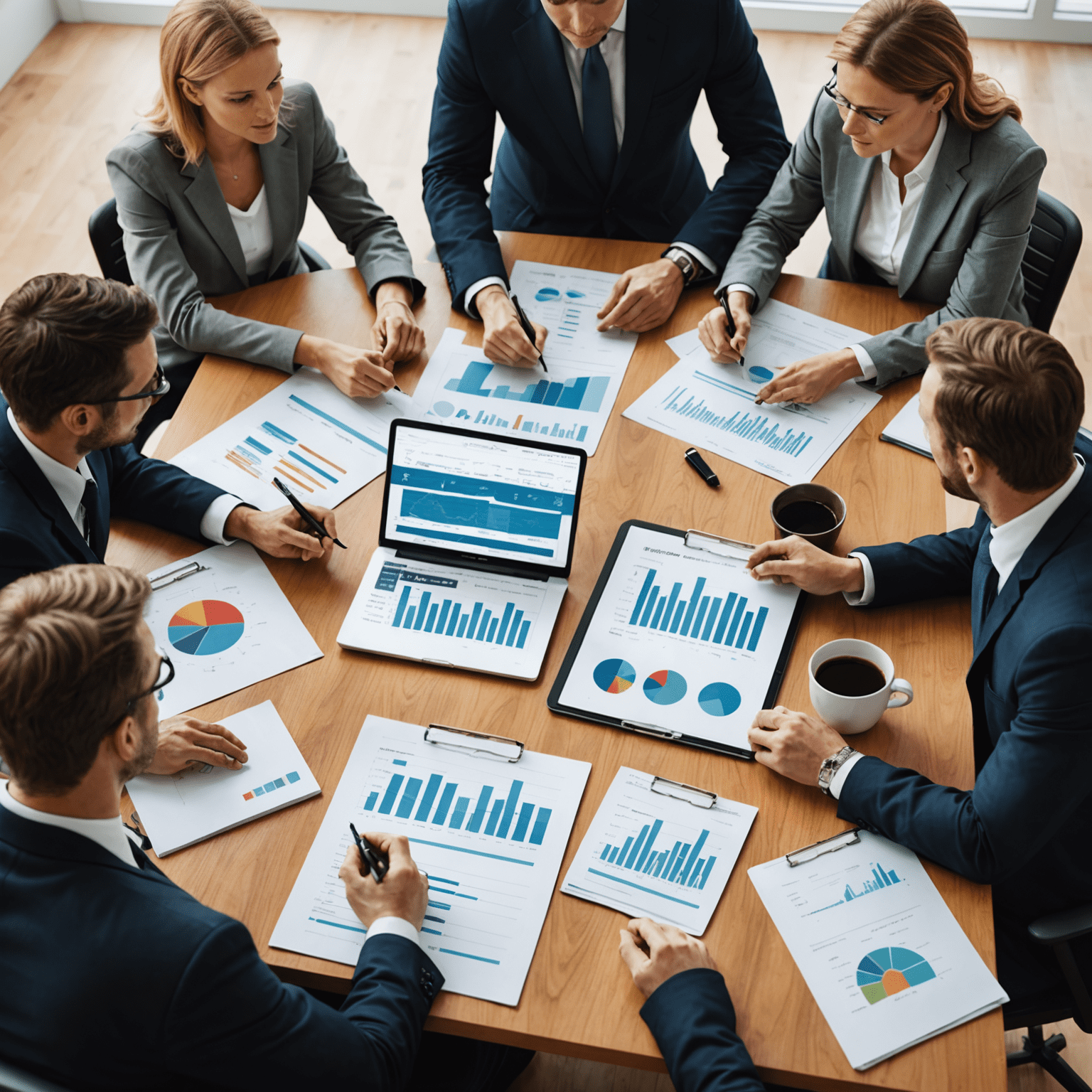 A group of business professionals gathered around a conference table, discussing strategic plans and financial projections for their company. Charts, graphs, and reports are visible on the table.