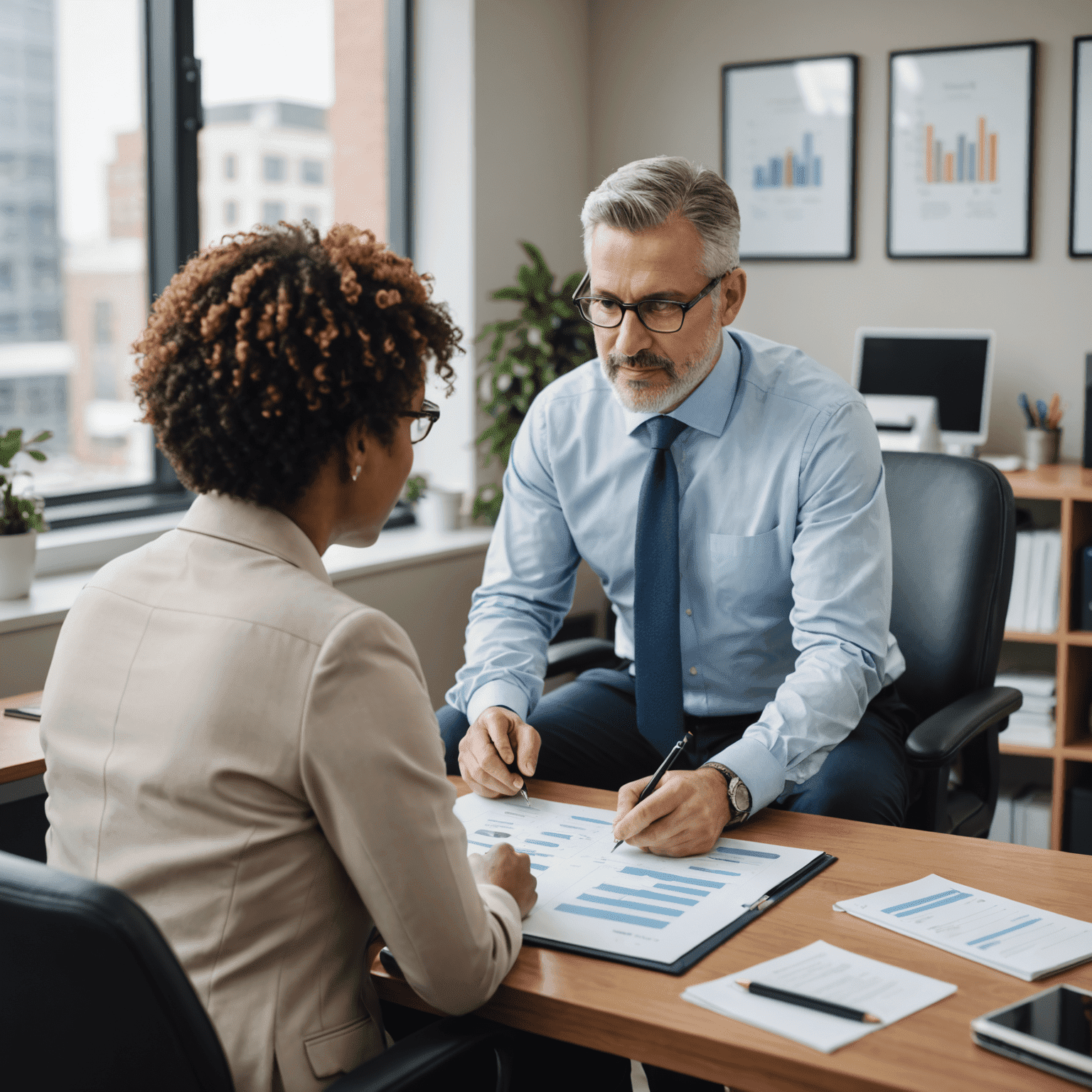 A professional financial advisor discussing financial management strategies with a small business owner in an office setting