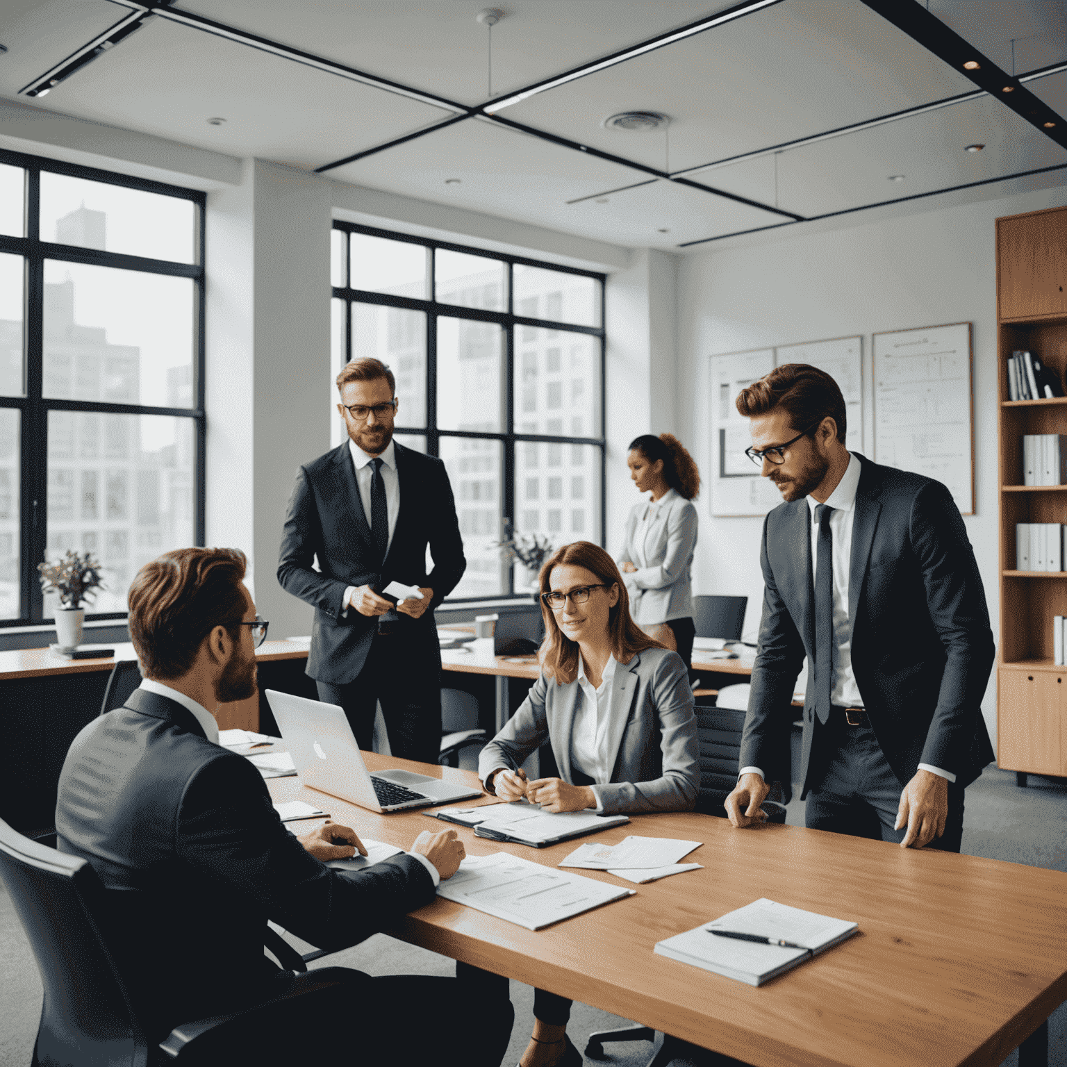 A team of financial professionals collaborating in a modern office setting