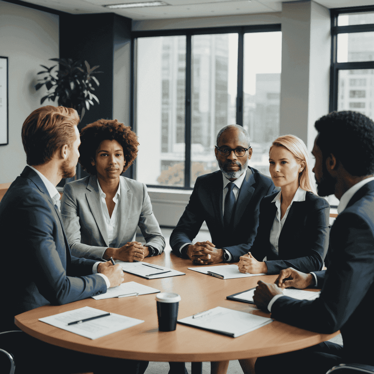 A diverse group of business leaders in a meeting room, discussing strategies and ideas