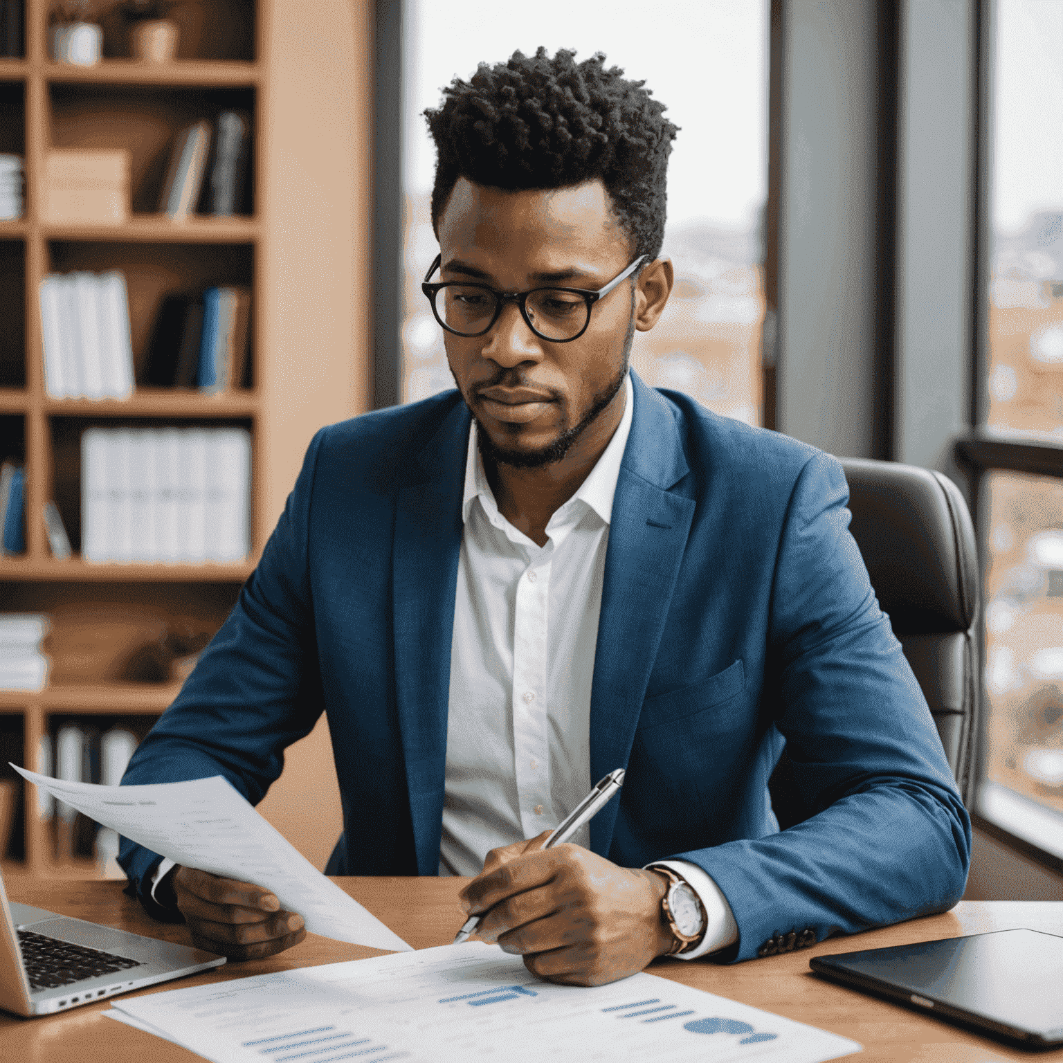 A small business owner reviewing financial statements and reports, implementing effective financial management strategies to ensure the stability and growth of their company in South Africa's competitive landscape.