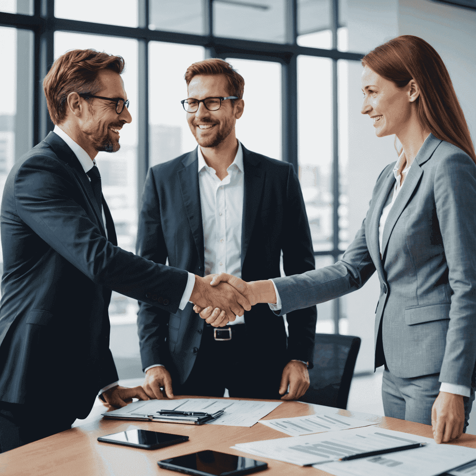 A business owner shaking hands with a financial services provider, symbolizing the benefits of outsourcing financial tasks to optimize operations and reduce costs.